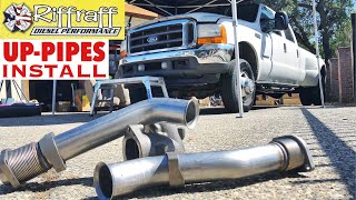 2001 F350 73  RiffRaff UpPipes Install  Stock up pipes leaking and falling apart JUNK SP [upl. by Creight]